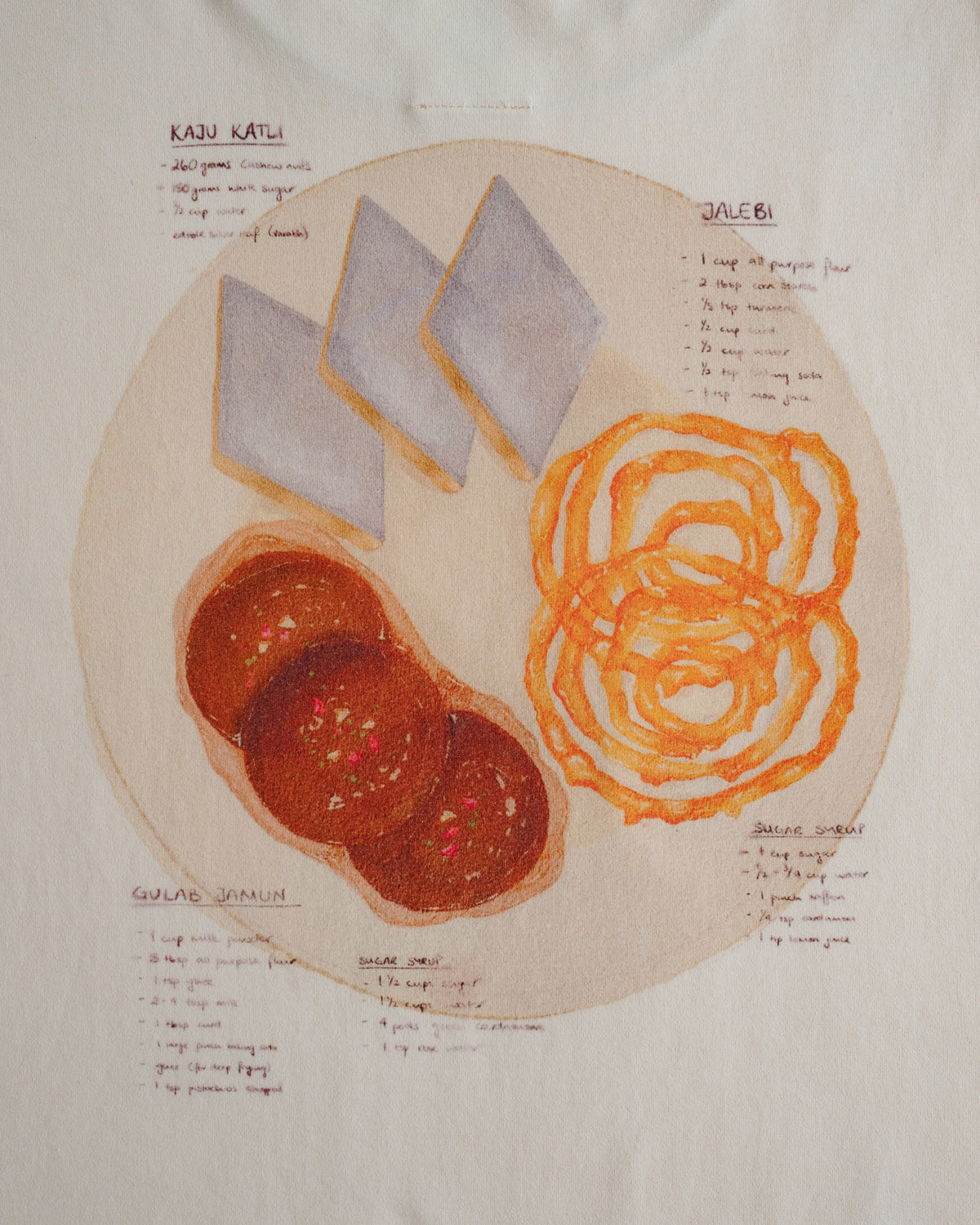 Close-up of the Recipe Tee back print: kaju katli, gulab jamun and jalebi with handwritten recipes